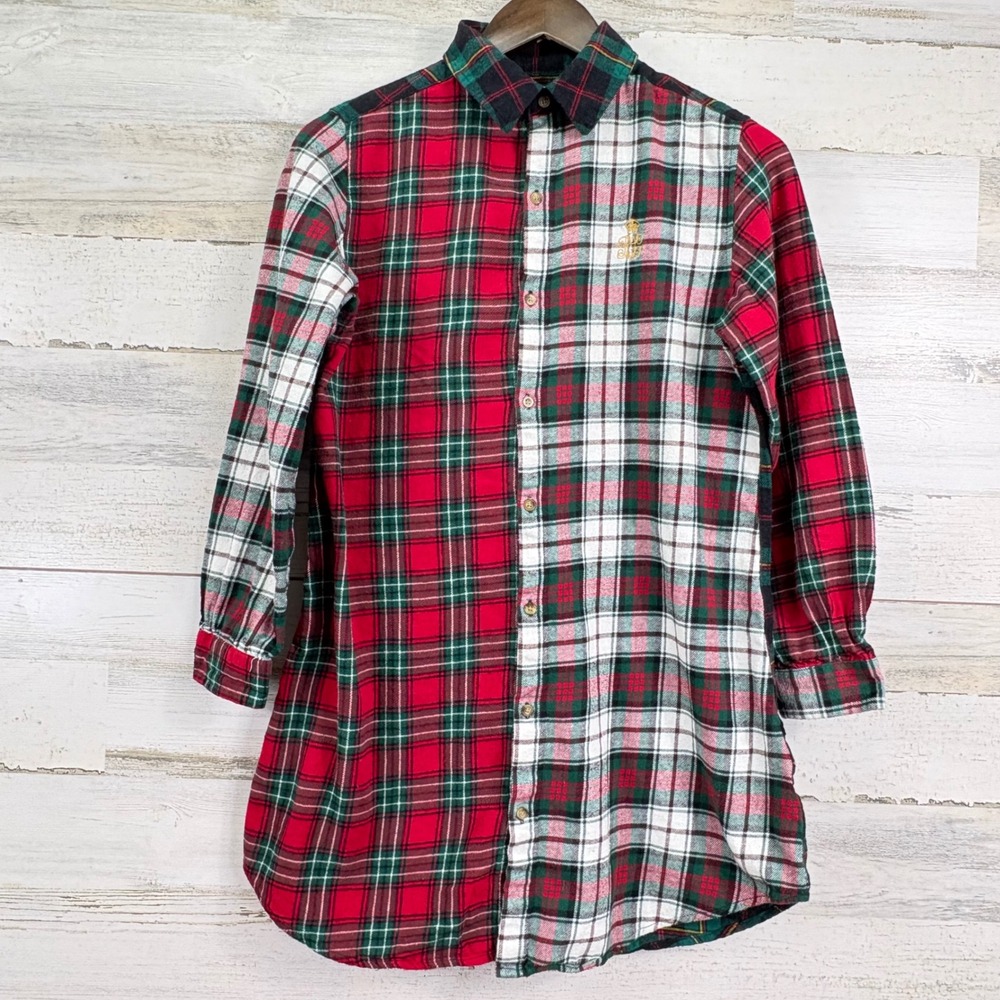 Lauren Ralph Lauren Women Plaid Flannel Shirt Dress Embroidered Crown Logo Sz S